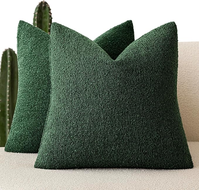 Foindtower Set of 2, Decorative Textured Boucle Throw Pillow Covers Accent Solid Pillow Cases Neutral Cozy Couch Cushion Case for Chair Sofa Bedroom Living Room Home Decor 16x16 Inch Pine Green