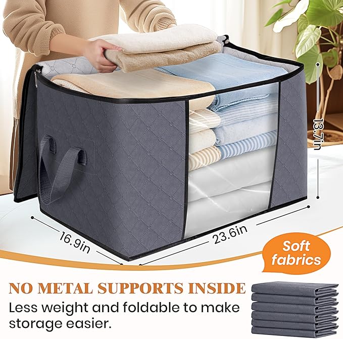 Fab totes 90L Clothes Storage, Foldable Thick Fabric Blanket Storage Bags, Containers for Organizing Bedroom, Closet, Clothing, Comforter, Organization with Handle (6 Pack,Grey)