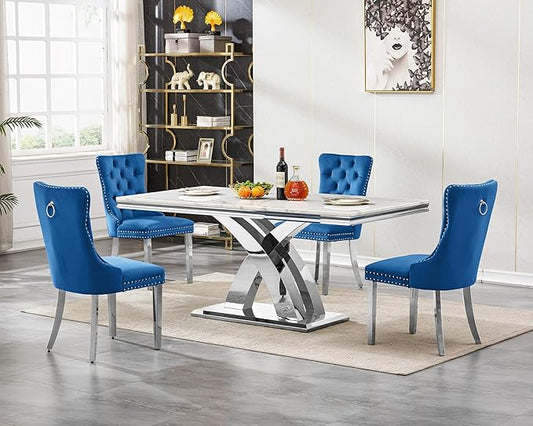 Goujxcy 5-Piece Dining Table Set Modern Faux Marble Dining Table Set for 4, Luxury 68" Long Faux Marble Kitchen Table with 4 Velvet Upholstered Chairs, Mirrored Stainless Steel Base