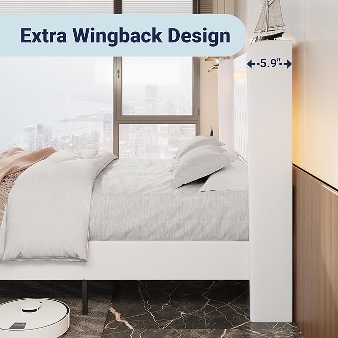 Allewie Upholstered Queen Size Platform Bed Frame with LED Light and Charging Station, Button Tufted High Headboard, Wingback Design, Noise Free, Easy Assembly, No Box Spring Needed, White