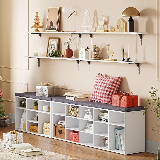 DINZI LVJ Shoe Storage Bench with Cushion, 15-Cubby Shoe Rack, Adjustable Shelves, Long Shoe Organizer Bench for Entryway, Mudroom, Hallway, Living Room, Bedroom and Garage, White