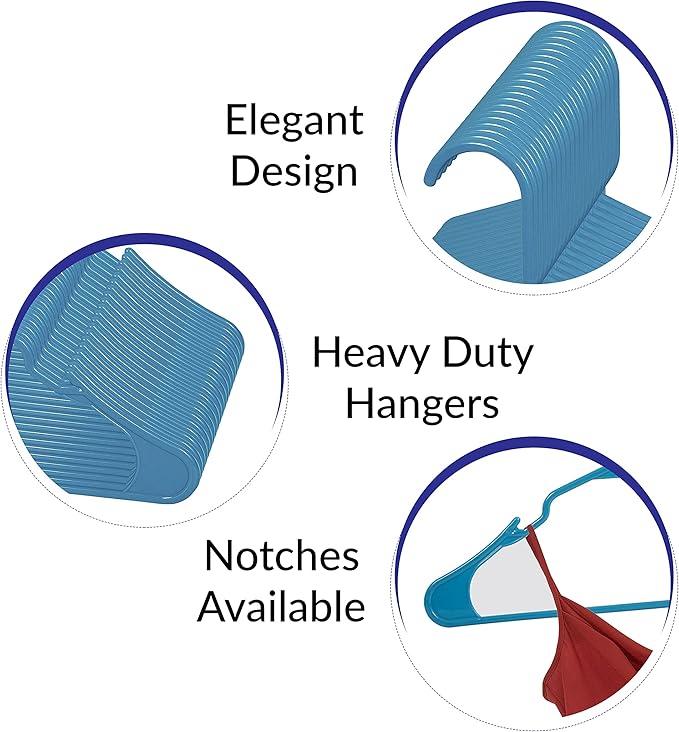 Royale Linens 40 Pack Blue Plastic Hangers for Clothes - Heavy Duty Clothes Hanger for Everyday Use - Lightweight & Space Saving Notched Plastic Hangers