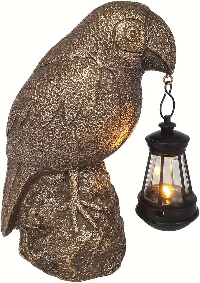 Outdoor Figurine Lights-Solar-Powered Parrot Garden Light - Waterproof Resin Statue, Auto-Charging led lamp for Outdoor Decor - Unique Birthday, Christmas Present (Bronze-Colored)