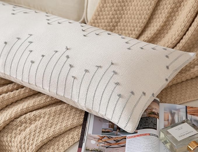 Caflife Boho Lumbar Pillow Cover 14x36 Long Pack of 1 Decorative Pillows Bed, Beige with Grey Body Throw Pillow Covers, for Modern Farmhouse Sofa Bedroom Living Room Home Decor Couch Pillowcase