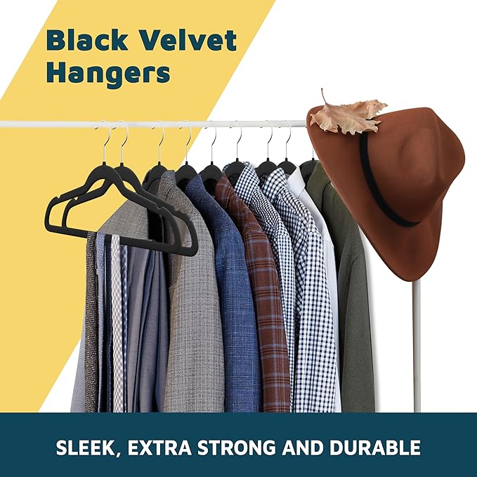 Velvet Non-Slip Plastic Hanger Set - 50 Pieces Non-Slip Clothes Hanger Set with 360° Swivel Hook, Space-Saving, Sleek Design, Smooth Velvet Finish, Lightweight Construction - Black