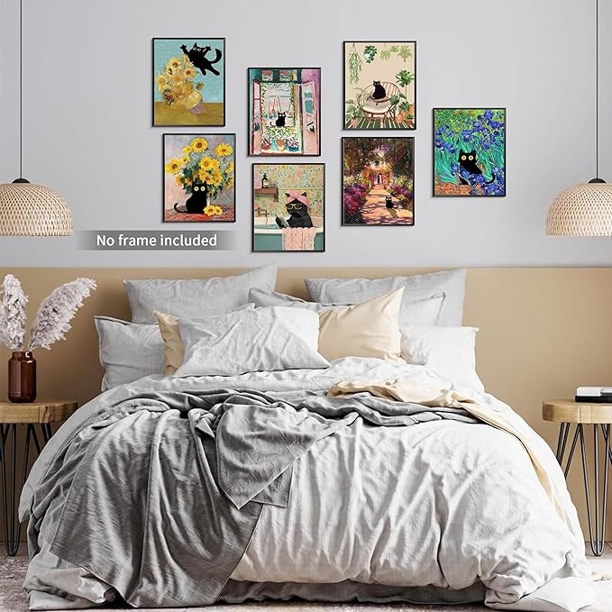 SEHSUVC Funny Black Cat Poster Set of 9, Vintage Van Gogh Black Cat Wall Art Prints, Colorful Cat Floral Aesthetic Prints Wall Decor Paintings for Bedroom Bathroom Dorm Home Decor 8x10In Unframed