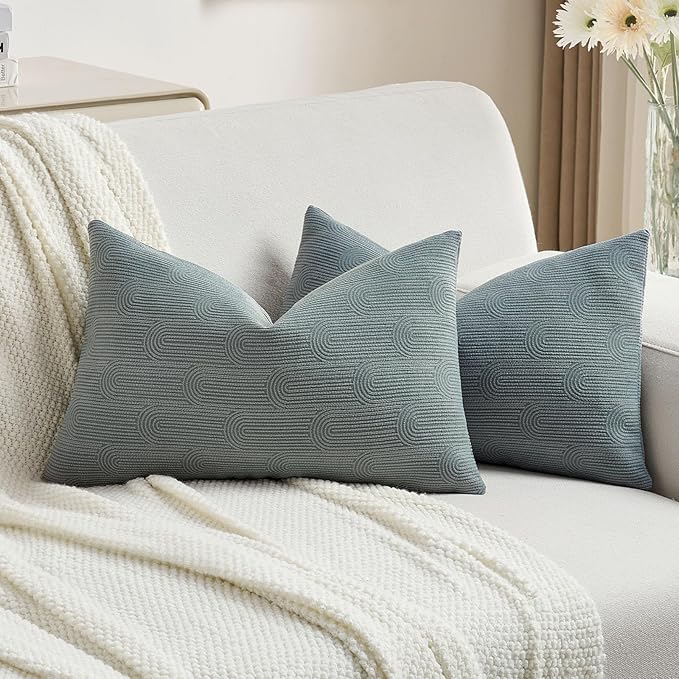 FUTEI Dark Grey Chenille Decorative Throw Pillow Covers 12x20 Inch Set of 2,Soft Cozy Striped Geometric Patterns Lumbar Pillow Cases,Modern Home Decor for Couch Bed Living Room
