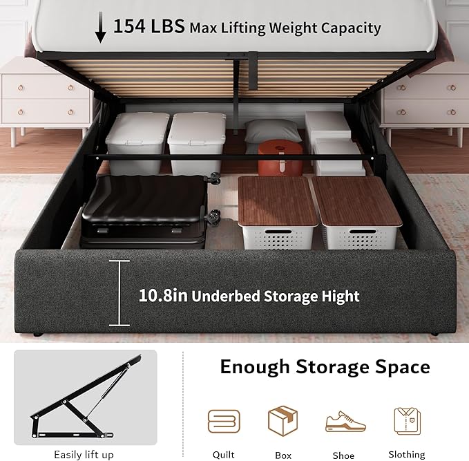 iPormis Full Size Lift Up Storage Bed Frame with Charging Station, Upholstered Platform Bed Frame with Tufted Headboard, Hydraulic Storage, No Box Spring Needed, Noise-Free, Easy Assembly, Dark Grey