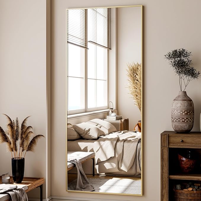 68"x 24" Full Length Mirror with Stand, Large Wall-Mounted or Leaning Floor Mirror with Aluminum Alloy Frame, Rectangular Wall Mirrors for Bedroom, Entryway, and Living Room Decor, Gold