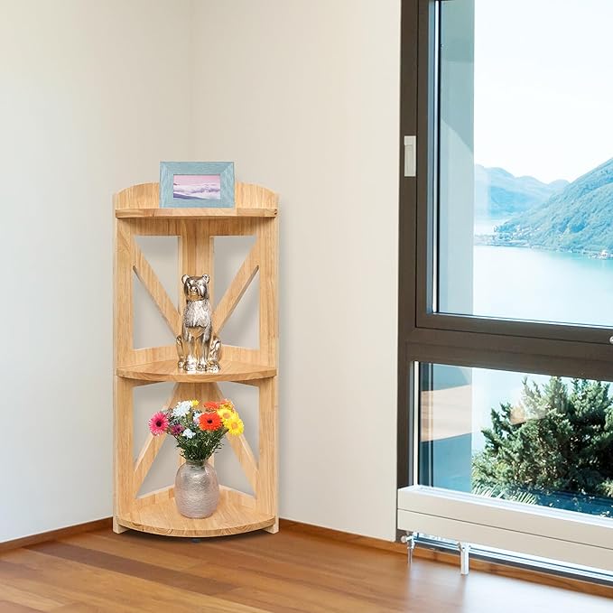 Corner Shelf Stand, Corner Bookshelf, Small Corner Shelves by Natural Wood, Plant Stand, Corner Bookcase for Living Room, Home Office, Bedroom, (Natural, 3 Tier)