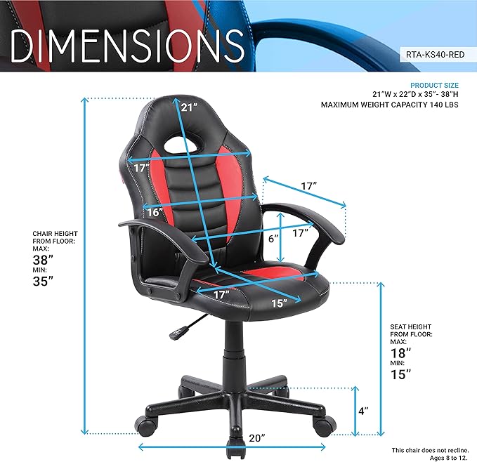 Techni Mobili Kid's Gaming and Student Racer Chair with Wheels, Red 22D x 21.25W x 35.25H in
