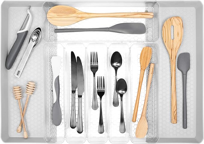 Spectrum Diversified Hexa Expandable Divided Drawer Organizer Tray Modern Kitchen Cutlery, Utensil, Silverware Holder, Cabinet Storage, 13 x 16, Clear Frost/Stone Gray