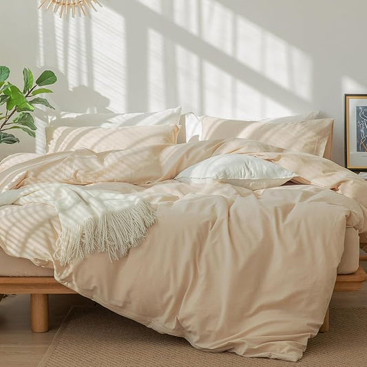 MooMee Bedding Duvet Cover Set 100% Washed Cotton Linen Like Textured Breathable Durable Soft Comfy (Solid Sandy Beige, Cal King 104"x98")