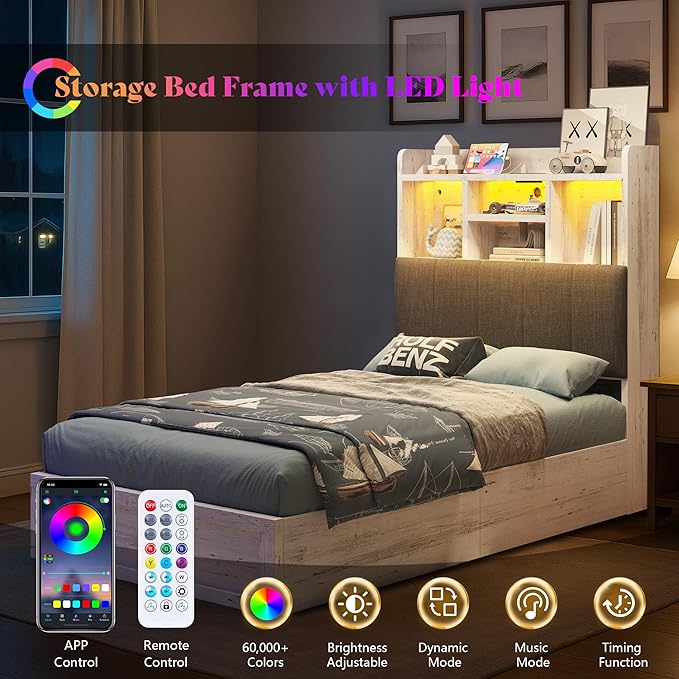 Twin Farmhouse Bed Frame with Bookcase Headboard and 4 Drawers, LED Storage Bed with Charging Station & Linen Upholstered, No Box Spring Needed, Distressed White