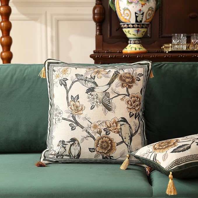 Design Linen Chinoiserie Square Throw Pillow Covers 18"x18" Pack of 2, Farmhouse Cushion Covers with Yellow Floral Birds Pattern Decoration Pillowcases for Bed,Living Room,Outdoor,Car