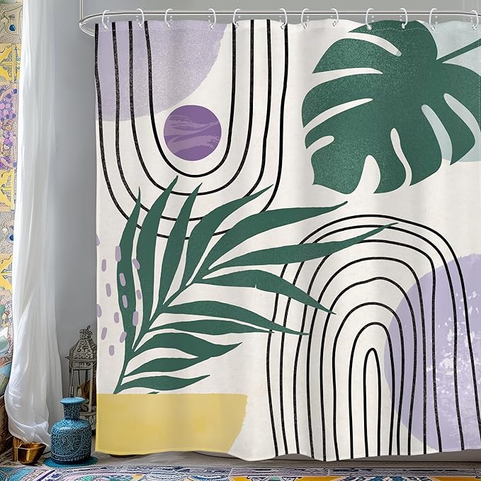 Glawry Boho Purple Shower Curtain Abstract Plant Tropical Palm Leaf Modern Minimalist Arch Geometric Bathroom Modern Mid Century 60Wx72L Inches Bath Accessories Art Home Decor Fabric 12 Pack Hook