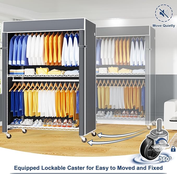 P8C Heavy Duty Clothes Rack（With Extended Width Design） Rolling Clothing Racks for Hanging Clothes with Lockable Wheels，51.2" W x 15.8" D x 80.5" H，Max Load 700LBS，White Rack with Grey Cover