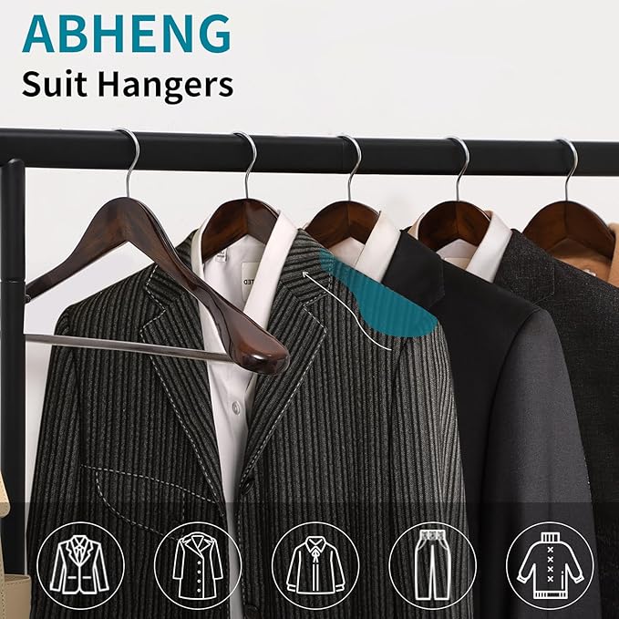 Solid Wood Suit Hangers, 10 Pack, Coat Hangers with Non Slip Trouser Bar, 360° Swivel Hook, Heavy Duty Wide Hangers for Suit, Coat, Jacket, Trousers, Pants,17.3" W x 9", Dark Walnut AWY0410H