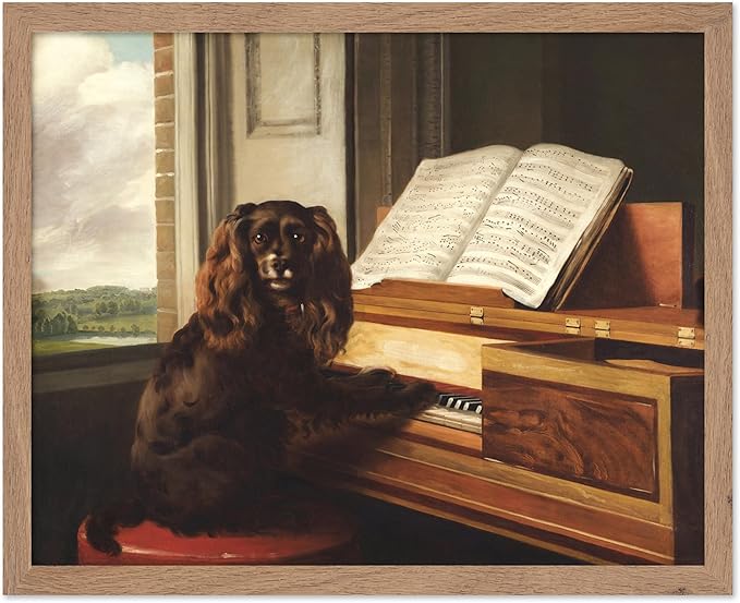 Poster Master Vintage Portrait of an Extraordinary Musical Dog Poster - Retro Dog Print - Puppy Art - Music Art - Piano Art - Animal Lover Art - Living Room or Office Decor, 11x14 Beige Framed
