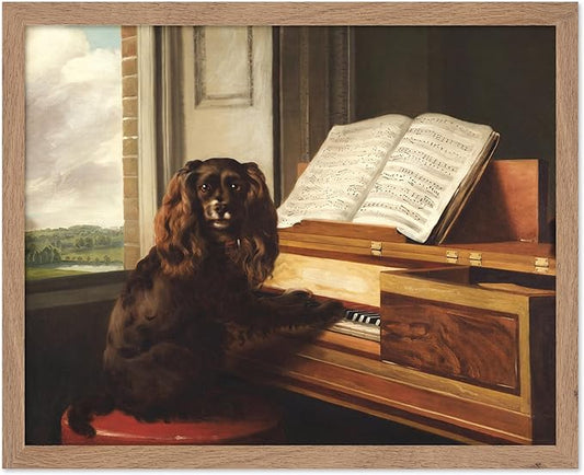 Poster Master Vintage Portrait of an Extraordinary Musical Dog Poster - Retro Dog Print - Puppy Art - Music Art - Piano Art - Animal Lover Art - Living Room or Office Decor, 11x14 Beige Framed