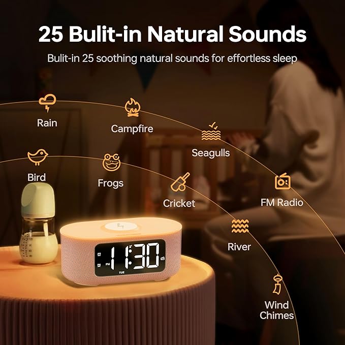 JALL Fabric Alarm Clock for Bedroom, with Big Led Screen Display, Bluetooth Stereo Sound Speaker, FM Radio, Fast Wireless Charging, USB Charging Port, Nightlight, White Noise, Ideal for Gift, Pink