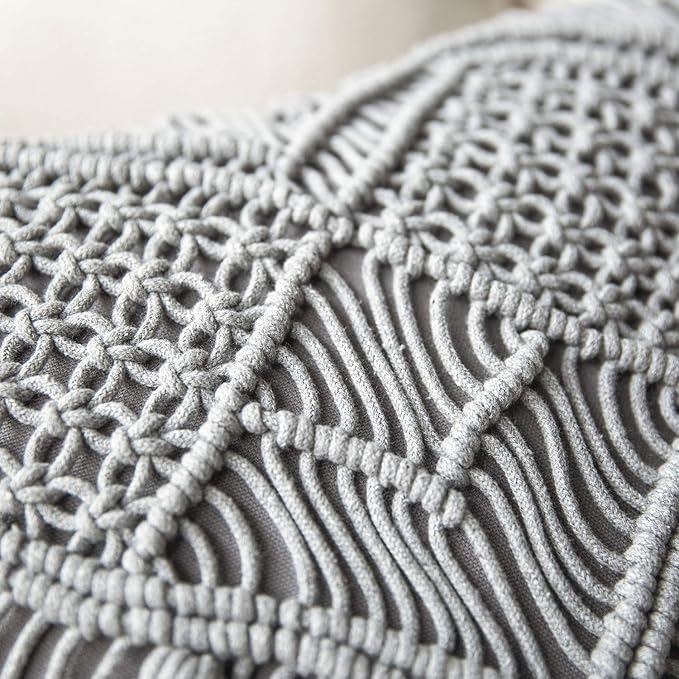 Phantoscope 100% Cotton Handmade Crochet Woven Boho Throw Pillow Farmhouse Pillow Insert Included Decorative Cushion for Couch Sofa Grey 18 x 18 inches
