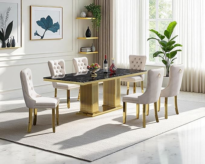 68" Faux Marble Dining Table Set for 6, 7-Piece Dining Set with Black Gold Kitchen Table and 6 Velvet Tufted Chairs, Modern Rectangular Dining Room Tables with Column-Shape Stainless Steel Base