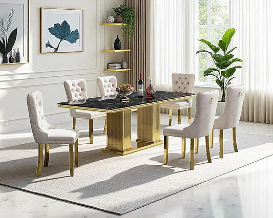 68" Faux Marble Dining Table Set for 6, 7-Piece Dining Set with Black Gold Kitchen Table and 6 Velvet Tufted Chairs, Modern Rectangular Dining Room Tables with Column-Shape Stainless Steel Base