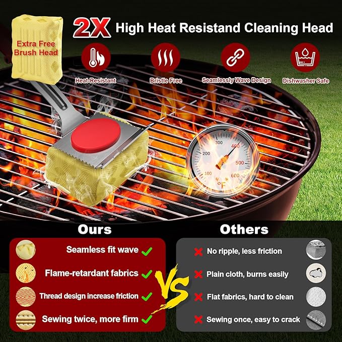 Grill Brush Bristle Free, BBQ Grill Brush for Outdoor Grill, Safe Steam Grill Cleaning Brush with Scraper, Replacement Sponge Heads, Non Metal Bristles for Cast Iron, Stainless-Steel Grates