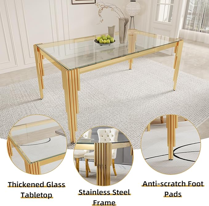 63" Rectangle Glass Dining Table, Modern Tempered Glass Kitchen Table with Stainless Steel Legs for Home Office Kitchen, Living Room, Stylish Tubular-Shaped Legs, Gold+Clear