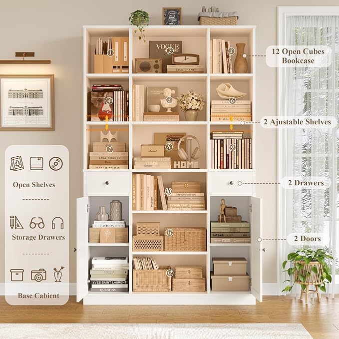 HOSTACK 74" Tall Book Shelf and Bookcase, 45" Wide Bookcase with Doors and Drawers, Modern 6 Tier Bookshelf with Storage, Large Wood Display Cabinet with Adjustable Shelves for Home Office, White