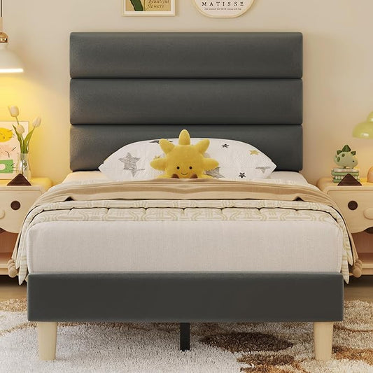 Twin Bed Frame, Platform Bed Frame with Velvet Upholstered Headboard, No Box Spring Needed, Sturdy Metal Support, Noise Free, Easy Assembly, Modern Bedroom Furniture, Grey