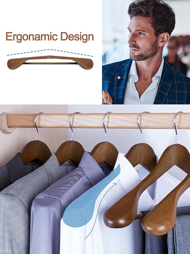 HOUSE DAY Wide Shoulder Wooden Hangers 12 Pack, Wood Suit Hangers for Men with Non Slip Pants Bar, Smooth Finish Solid Wood Coat Hanger for Jacket, Pants, Dress, Heavy Clothes Hanger (Walnut)
