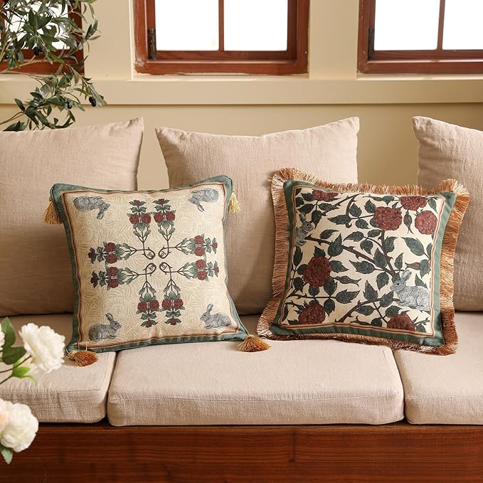 patdrea Designer Throw Pillow Covers Set of 2,French Elegant Green Linen with Rose and Animal Floral Pattern Pillow Covers,Decorative Square Pillowcases Cushion for Bed Living Room Outdoor,18"x18"