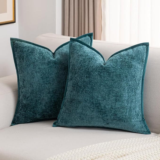 FUTEI Teal Chenille Throw Pillow Covers 26x26 Inch Set of 2,Soft Cozy Bound Edge Design Euro Pillow Sham,Home Decor for Couch Bed Living Room