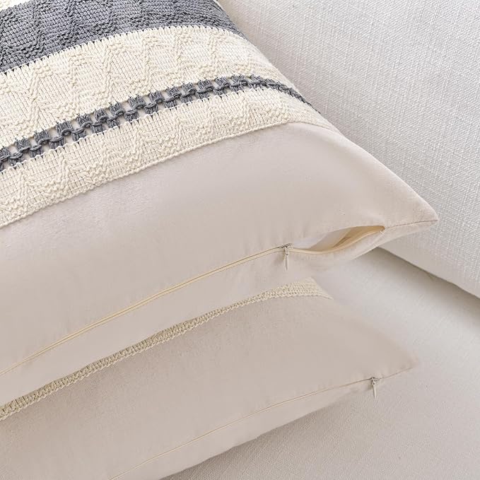 Fancy Homi Set of 2 Neutral Grey Farmhouse Big Decorative Throw Pillow Covers 24x24 Inch for Couch Bed Chair, Vintage Country Rustic Retro Room Decor, Soft Thick Cotton Handmade Woven Cushion Case