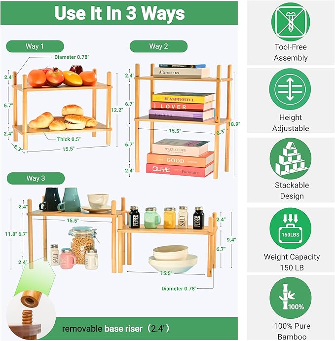 Bamboo Rack | Tool-Free Expandable (2-6 Tiers) | Kitchen Spice Organizer & Office Breakroom Snack/Cup Storage (Natural Bamboo)(Powered by Gogogo) (Natural, 15.6" W(2 Tier))