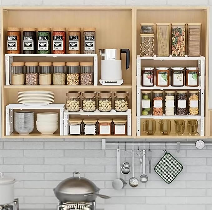 Expandable Spice Rack Organizion for Kitchen Cabinet, Seasoning,Bathroom Organizer Display Shelf, Stackable Multi-Purpose Shelves.Easy-to-Install（3Packs/White,Large