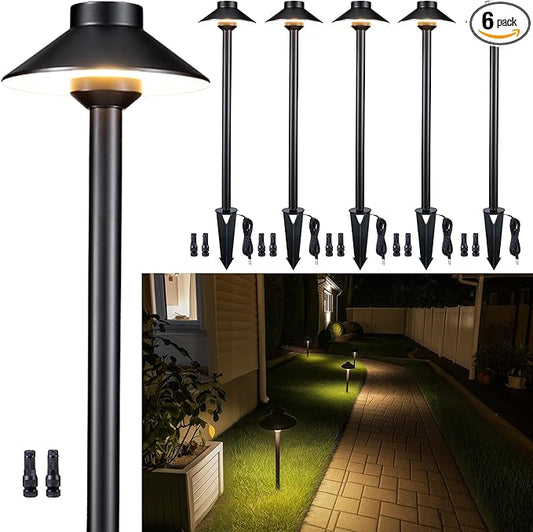 Brass Low Voltage Pathway Lights - 12V LED Landscape Path Lighting, Walkway Light Waterproof IP65, Hat Shaped Wired ‎Classic Black for Outdoor Entrance Garden G4 Bulb Not Included (6 Pack)