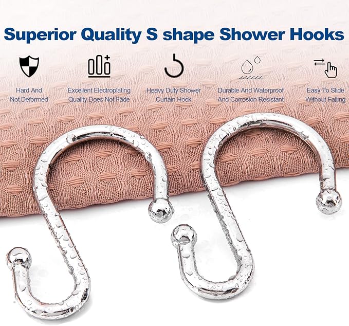 Shower Curtain Hooks Rings, Stainless Steel S Shaped Shower Hooks Rust Proof, Metal Shower Curtain Hangers for Shower Curtains, Kitchen, Wardrobe & Garden, Chrome, Set of 12