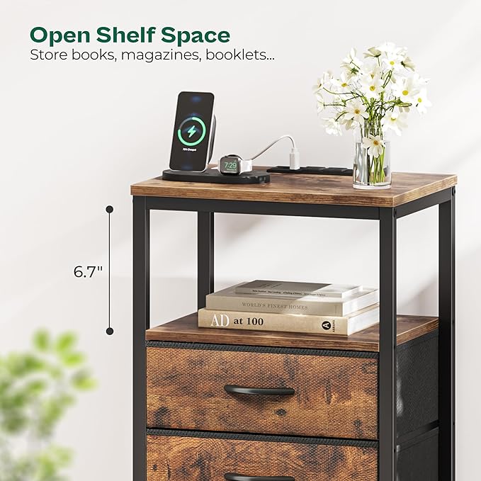 Huuger 5 Drawers Dresser with Charging Station, Dresser for Bedroom, Tall Night Stand, Chest of Drawers with Open Shelf, Bedside Table Nightstand, Fabric, for Entryway, Rustic Brown