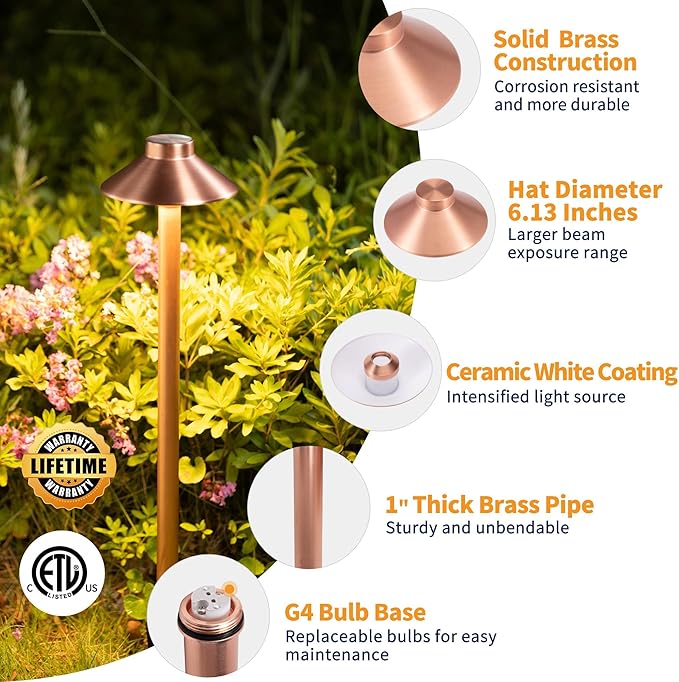 Brass Path Lights Copper, Low Voltage LED Landscape Pathway Lights, 12V Outdoor Waterproof Landscape Lighting(Hat) for Walkway Driveway Garden Yard Without G4 Bulb