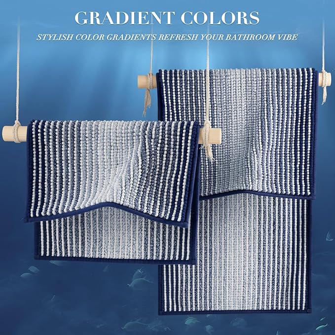 BSICPRO Bathroom Rugs and Mats Sets, 2 Piece Thick Absorbent Chenille Non Slip Soft Shaggy Floor Mats Machine Washable (20" x 47" Plus 16" x 24", Navy)