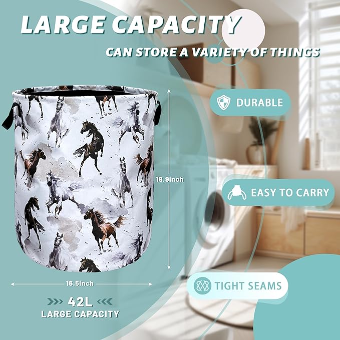 Watercolor Horses Laundry Basket Foldable With Handles Tote Bag Oxford Cloth Funny Animal Laundry Hamper 18.9" x 16.5" Clothes Storage Bucket Toy Organizer For Bathroom/Laundry/Bedroom