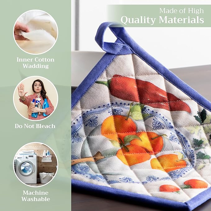 Maison d' Hermine Pot Holders 100% Cotton Heat Resistant Potholders 8" x 8" Hot Pads with Loop BBQ, Cooking, Baking, Grilling, Kitchen, Handling Hot Pans Spring/Summer (Pack of 1, Gourmand)