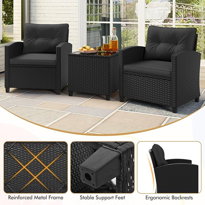 RELAX4LIFE 3-Piece Patio Furniture Set - Wicker Rattan Bistro Sofa Set with Glass Top Coffee Table, Washable Cushions for Porch, Balcony, Backyard, Poolside, Outdoor Conversation Set (Black)