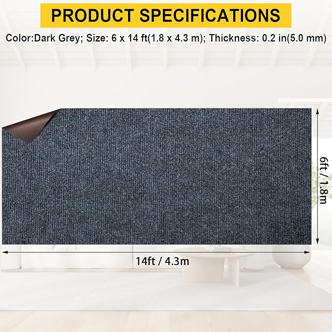 Marine Carpet,6 FT x 14 FT Dark Gray Indoor Outdoor Carpet 0.2" Thick Boat Carpet with Water-Proof TPE Backing, Non-Slide Outdoor Marine Carpet Roll for Home, Patio, Porch, Deck