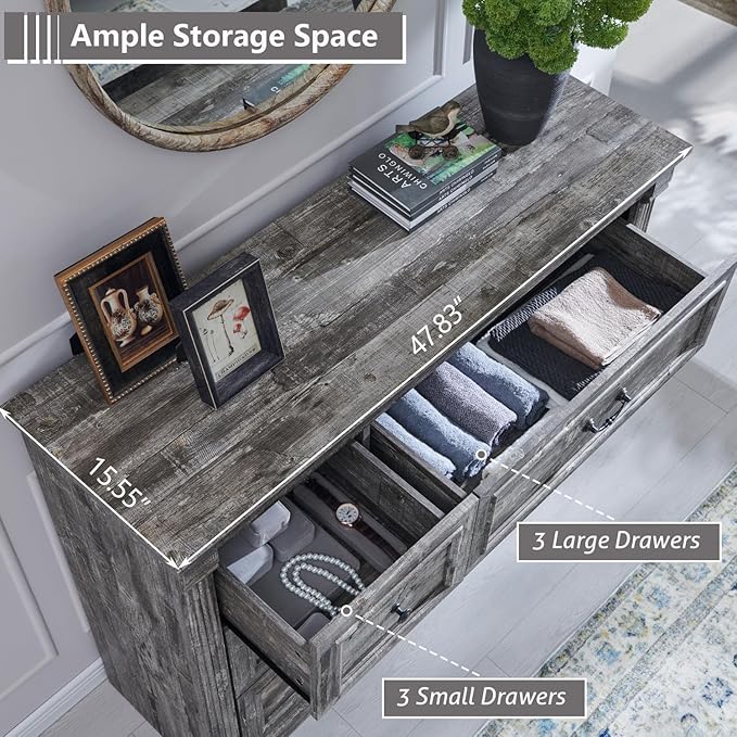 Farmhouse 6 Drawers Dresser for Bedroom, 48" Wide Large Dressers & Chests of Drawers w/Roman Column, Storage Dressers Organizer for Bedroom, Hallway, Living Room, Light Grey
