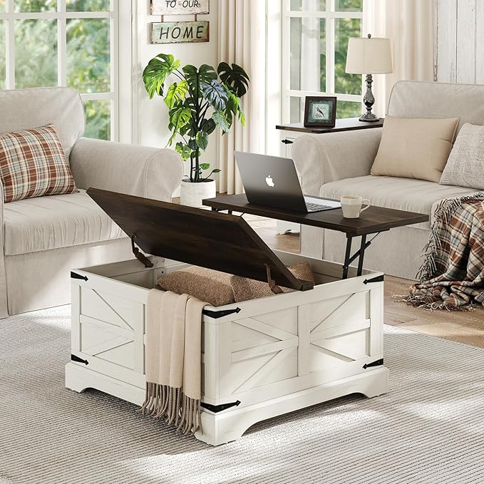 Furnideco Farmhouse Lift Top Coffee Table, Square Wood Center Table with Large Hidden Storage Compartment for Living Room, Rustic Cocktail White Modern Table with Hinged Lift Top, Brown Top