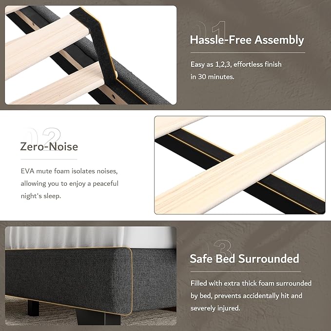 iPormis King Platform Bed Frame with Fabric Upholstered Headboard & Thickened Legs, Mattress Foundation with Solid Wooden Slats Support, No Box Spring Needed, Noise Free, Dark Grey